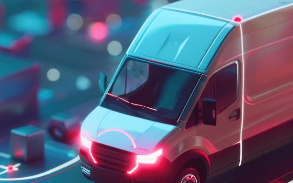 A high-tech, electric delivery van on a circuit board.