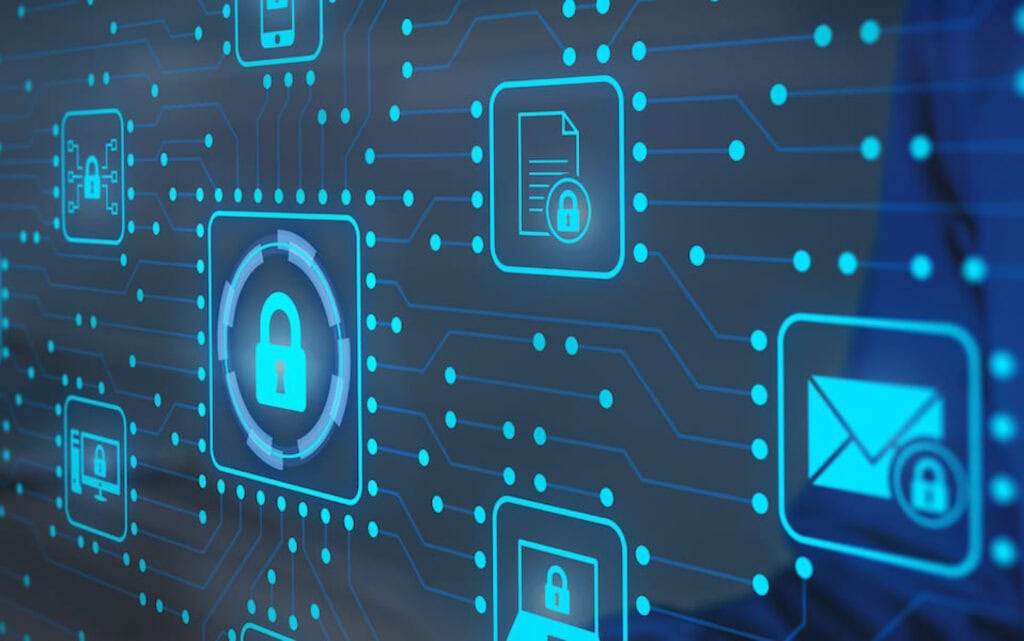A ciruit board type graphic with security icons connected by dots and lines.