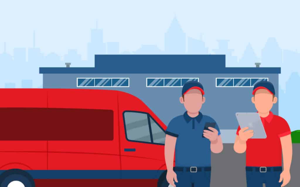 Two field technicians standing in front of a van and looking at mobile devices.
