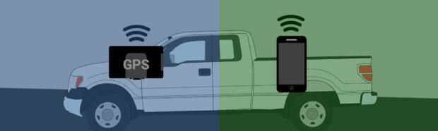 truck with both a GPS device and a smartphone against a blue and green background