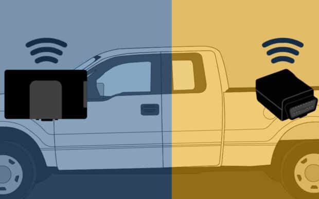 A truck with two different colors overlaying it left to right with a different GPS tracker on each side.