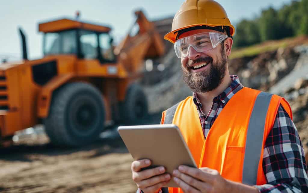 Construction worker on a job site holding a tablet and smiling.