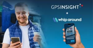 A smiling fleet driver stands beside a truck while looking at his smartphone and holding a coffee cup. Beside him, a hand holds a phone displaying the Whip Around mobile app, with GPS Insight and Whip Around logos shown above to promote the integrated fleet inspection and maintenance solution.