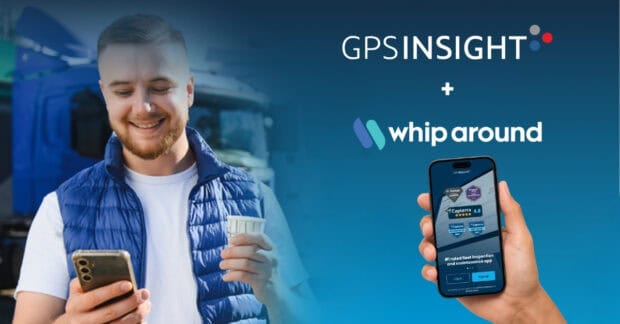 A smiling fleet driver stands beside a truck while looking at his smartphone and holding a coffee cup. Beside him, a hand holds a phone displaying the Whip Around mobile app, with GPS Insight and Whip Around logos shown above to promote the integrated fleet inspection and maintenance solution.