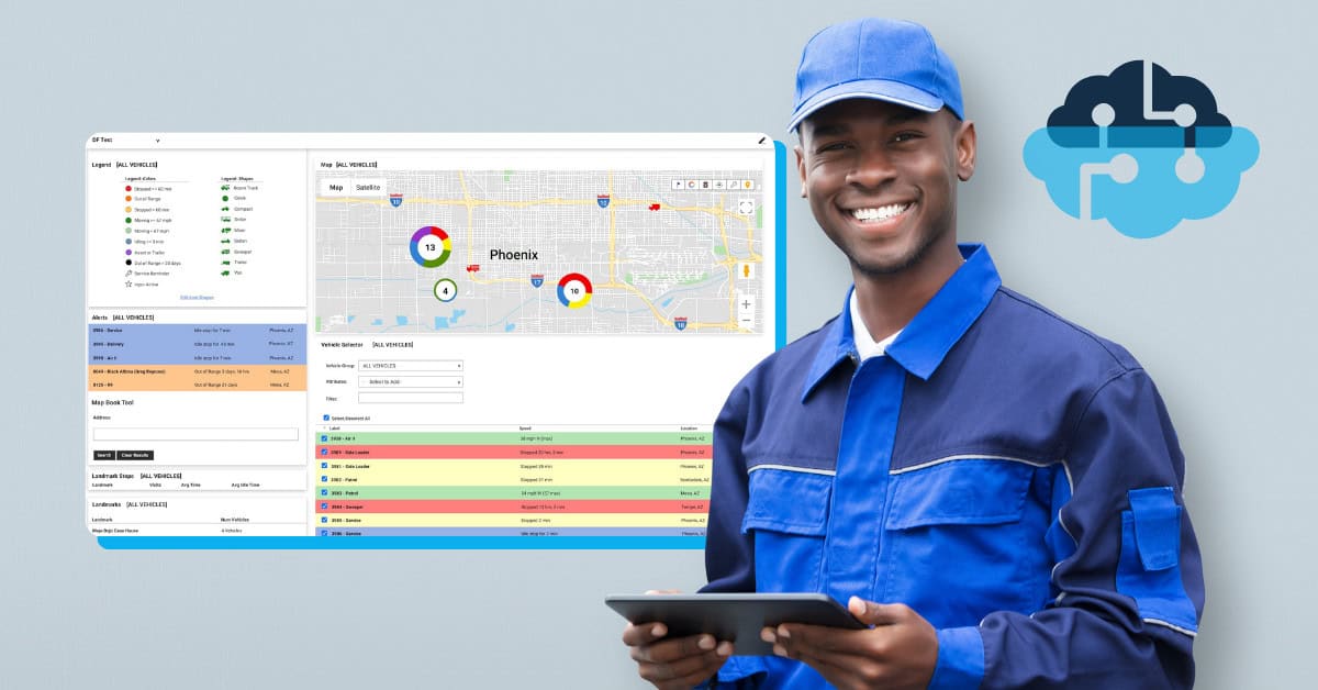 Field technician standing beside a SCADA monitoring dashboard displaying asset locations on a digital map