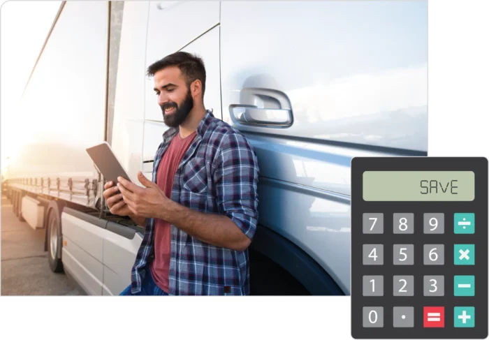 man on a tablet leaning against a semi with a calculator that says "save" pasted on top of the image.