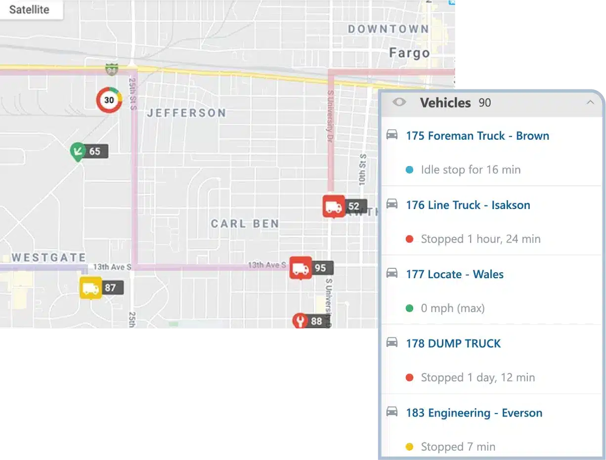 Map of different trailers and vehicles being routed to various job sites