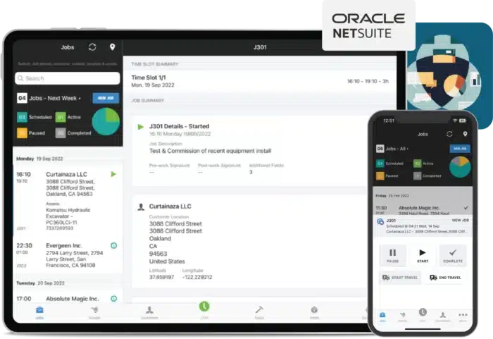 a tablet and a smartphone displaying the OREACLE Netsuite service