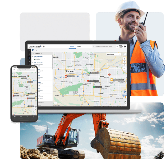 Overlay of an equipment tracking GPS screen on desktop and dashboard. Construction crane and construction man in the backround.