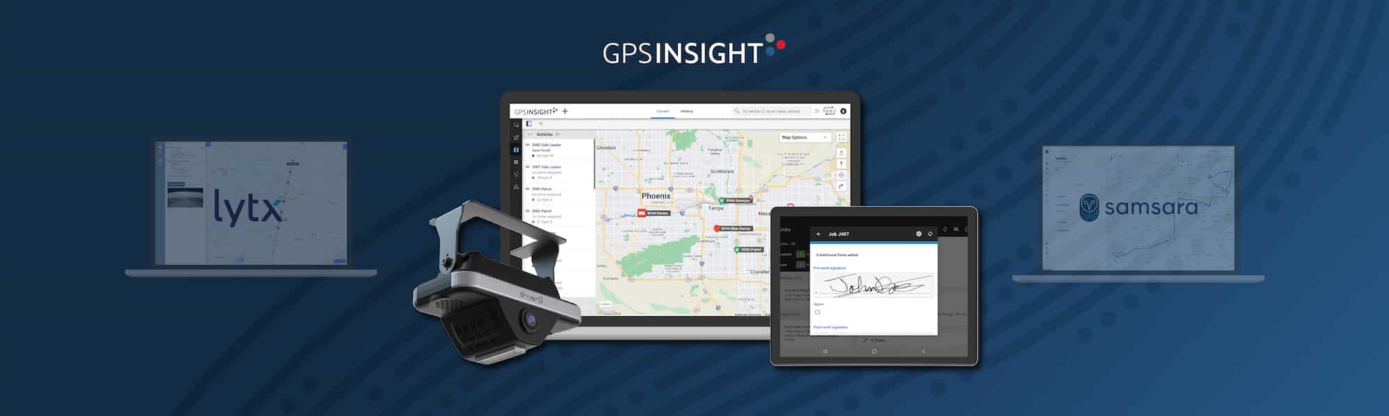GPS Insight tracking and field service management software with dash cam and smaller images of Lytx software and Samsara software. Lytx vs Samsara vs GPS Insight