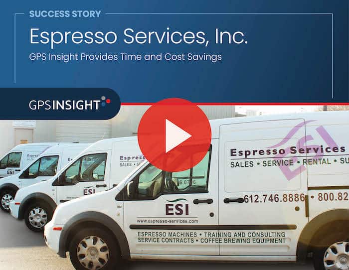 Espresso Services, Inc. Customer Success Story with GPS Insight. ESI vans on cover of e-book with play button for video.